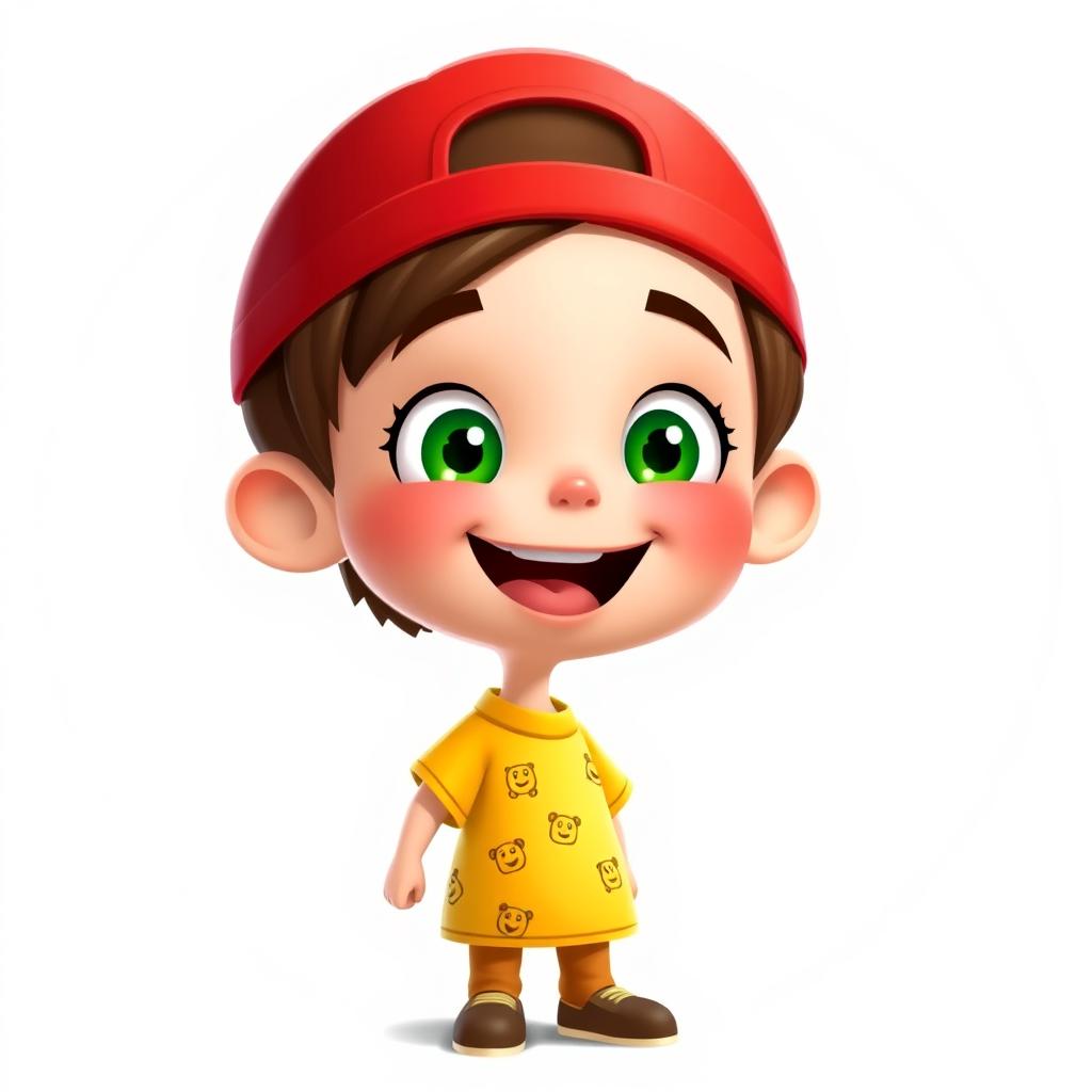 A cute cartoon-style character of a different child, with a joyful expression, wearing a bright red cap and a yellow t-shirt with a playful pattern