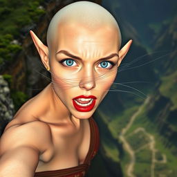 A beautiful bald elf woman with striking blue eyes and vibrant red lips, captured in a moment of fear as she falls off a cliff