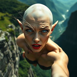 A beautiful bald elf woman with striking blue eyes and vibrant red lips, captured in a moment of fear as she falls off a cliff