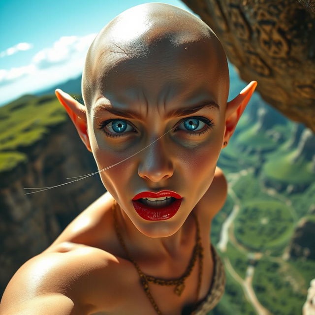 A beautiful bald elf woman with striking blue eyes and vibrant red lips, captured in a moment of fear as she falls off a cliff