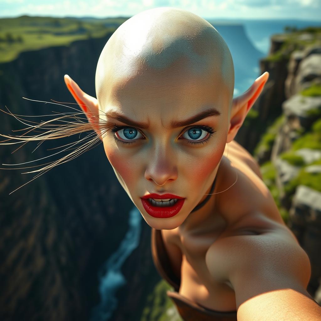 A beautiful bald elf woman with striking blue eyes and vibrant red lips, captured in a moment of fear as she falls off a cliff