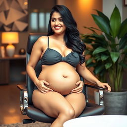 A confident woman resembling Shruti Haasan, seated on a stylish office chair, wearing a fashionable bikini that highlights her big belly and ample breasts