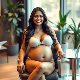 A confident woman resembling Shruti Haasan, seated on a stylish office chair, wearing a fashionable bikini that highlights her big belly and ample breasts