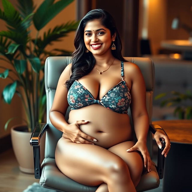 A confident woman resembling Shruti Haasan, seated on a stylish office chair, wearing a fashionable bikini that highlights her big belly and ample breasts