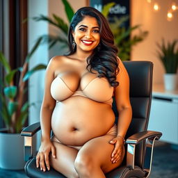 A confident woman resembling Shruti Haasan, seated on a stylish office chair, wearing a fashionable bikini that highlights her big belly and ample breasts