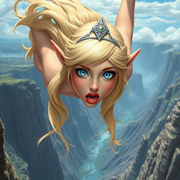 A beautiful blonde elf princess with long flowing hair, wearing an elegant tiara, has striking blue eyes and luscious red lips