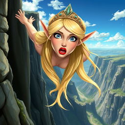 A beautiful blonde elf princess with long flowing hair, wearing an elegant tiara, has striking blue eyes and luscious red lips