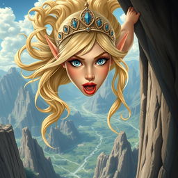 A beautiful blonde elf princess with long flowing hair, wearing an elegant tiara, has striking blue eyes and luscious red lips