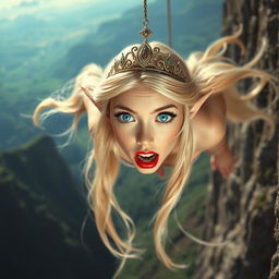 A beautiful blonde elf princess with radiant blue eyes and striking red lips, wearing an elegant tiara, is falling off a cliff with a frightened expression on her face