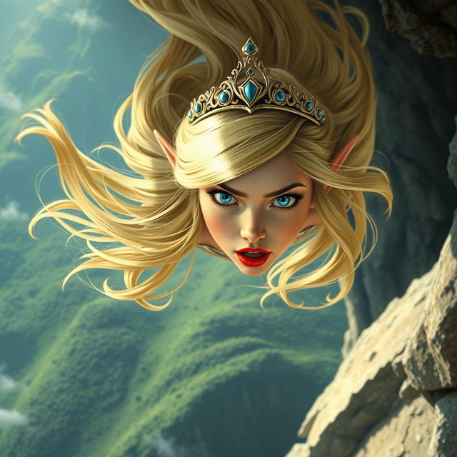 A beautiful blonde elf princess with radiant blue eyes and striking red lips, wearing an elegant tiara, is falling off a cliff with a frightened expression on her face