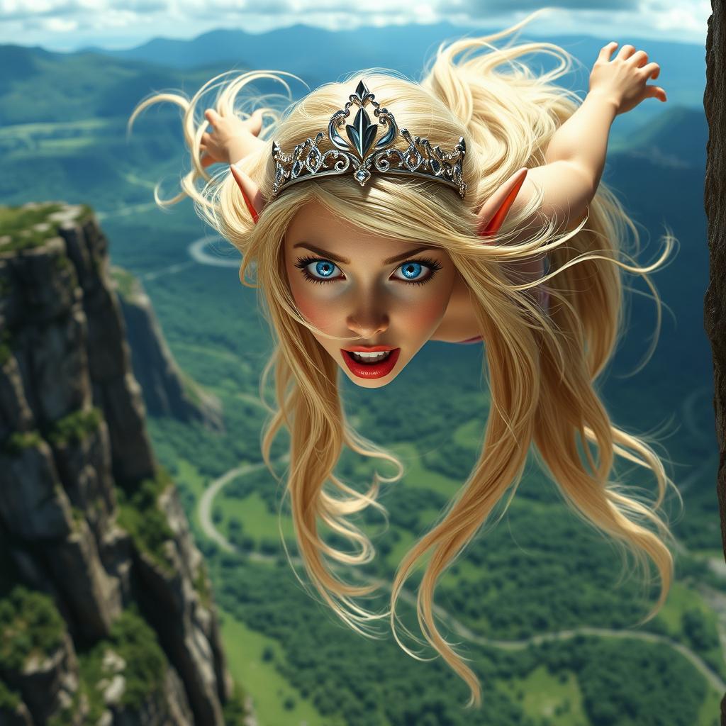 A beautiful blonde elf princess with radiant blue eyes and striking red lips, wearing an elegant tiara, is falling off a cliff with a frightened expression on her face