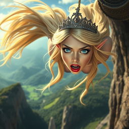 A beautiful blonde elf princess with radiant blue eyes and striking red lips, wearing an elegant tiara, is falling off a cliff with a frightened expression on her face