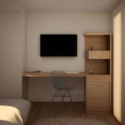 Generate a design for a 10.65 square meter room containing a desk, bed, cupboard, and a wall-mounted TV.