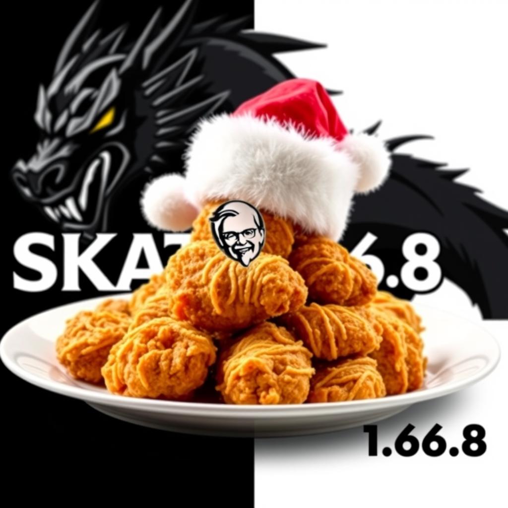 A delicious plate of KFC-style fried chicken, garnished beautifully, with the logo name 'SKATER 1 6 8' prominently displayed