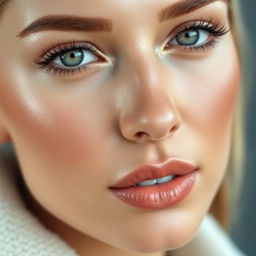 A close-up portrait of a beautiful woman with flawless skin showcasing clear, prominent makeup highlights