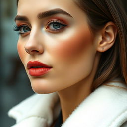 A close-up portrait of a beautiful woman with flawless skin showcasing clear, prominent makeup highlights