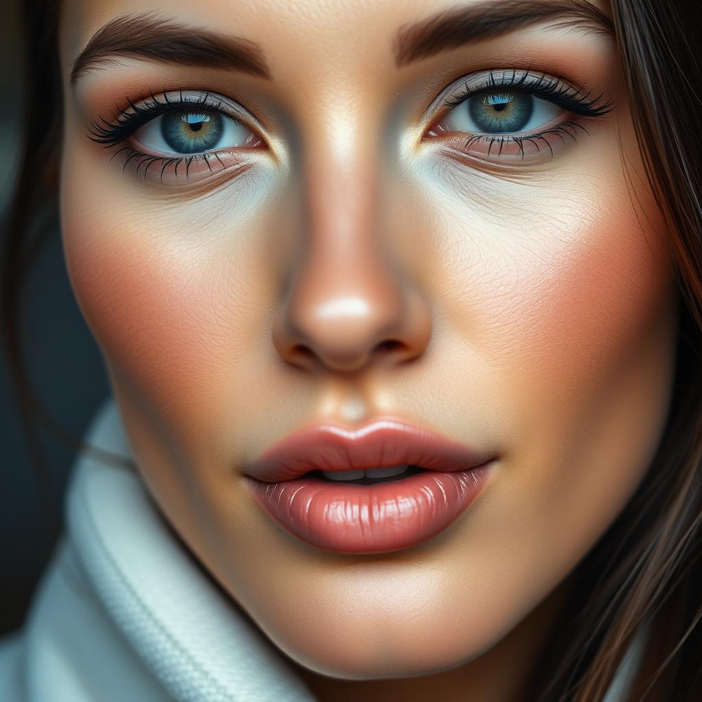 A close-up portrait of a beautiful woman with flawless skin showcasing clear, prominent makeup highlights