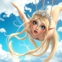 A beautiful blonde elf princess with long flowing hair, wearing an elegant sparkling tiara, vibrant blue eyes, and striking red lips