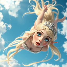A beautiful blonde elf princess with long flowing hair, wearing an elegant sparkling tiara, vibrant blue eyes, and striking red lips