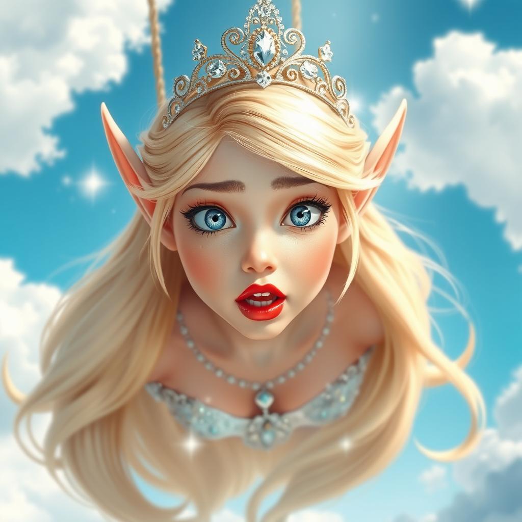 A beautiful blonde elf princess with long flowing hair, wearing an elegant sparkling tiara, vibrant blue eyes, and striking red lips