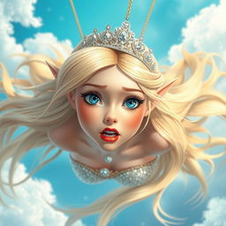A beautiful blonde elf princess with long flowing hair, wearing an elegant sparkling tiara, vibrant blue eyes, and striking red lips