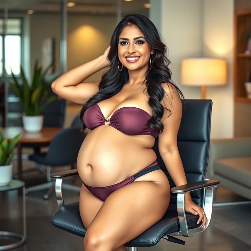 A confident woman resembling Shruti Haasan, seated gracefully on a modern office chair, dressed in a stylish bikini that accentuates her big belly and ample breasts