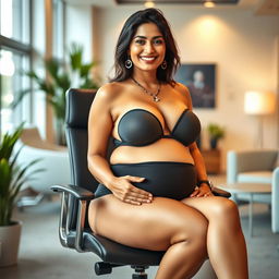 A confident woman resembling Shruti Haasan, seated gracefully on a modern office chair, dressed in a stylish bikini that accentuates her big belly and ample breasts