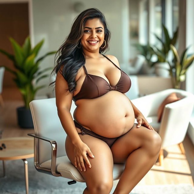 A confident woman resembling Shruti Haasan, seated gracefully on a modern office chair, dressed in a stylish bikini that accentuates her big belly and ample breasts