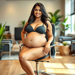 A confident woman resembling Shruti Haasan, seated gracefully on a modern office chair, dressed in a stylish bikini that accentuates her big belly and ample breasts