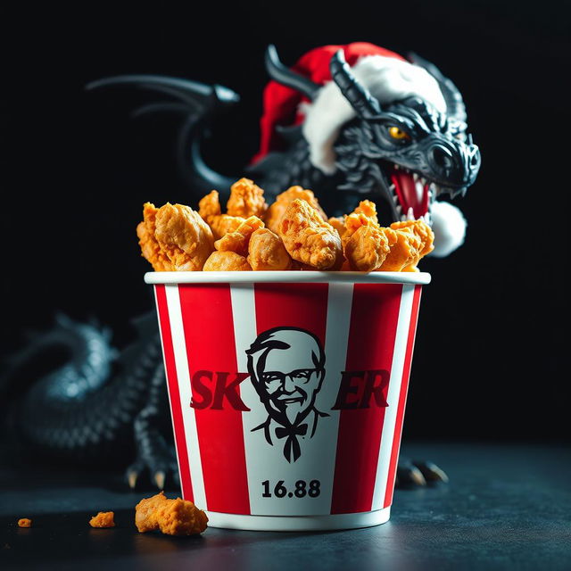 A vibrant and visually striking image of a KFC fried chicken bucket prominently displayed, featuring the logo name 'SKATER 1