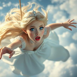 A beautiful blonde elf princess with a delicate tiara, striking blue eyes, and vivid red lips, is depicted falling gracefully from the sky