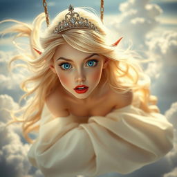 A beautiful blonde elf princess with a delicate tiara, striking blue eyes, and vivid red lips, is depicted falling gracefully from the sky