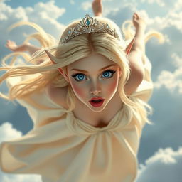 A beautiful blonde elf princess with a delicate tiara, striking blue eyes, and vivid red lips, is depicted falling gracefully from the sky