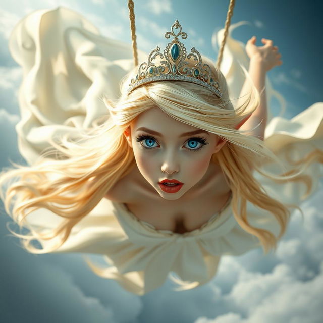 A beautiful blonde elf princess with a delicate tiara, striking blue eyes, and vivid red lips, is depicted falling gracefully from the sky