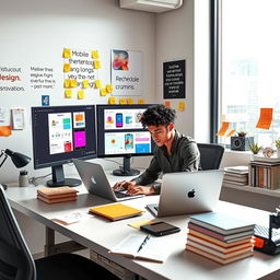 A modern and stylish office workspace illustrating a UI/UX designer at work