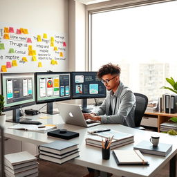 A modern and stylish office workspace illustrating a UI/UX designer at work