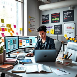 A modern and stylish office workspace illustrating a UI/UX designer at work
