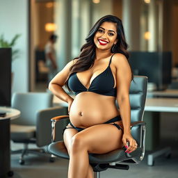 A woman resembling Shruti Haasan, confidently seated on a modern office chair, wearing a chic bikini that accentuates her big belly and large breasts