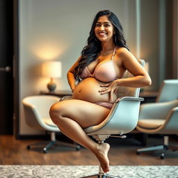 A woman resembling Shruti Haasan, confidently seated on a modern office chair, wearing a chic bikini that accentuates her big belly and large breasts