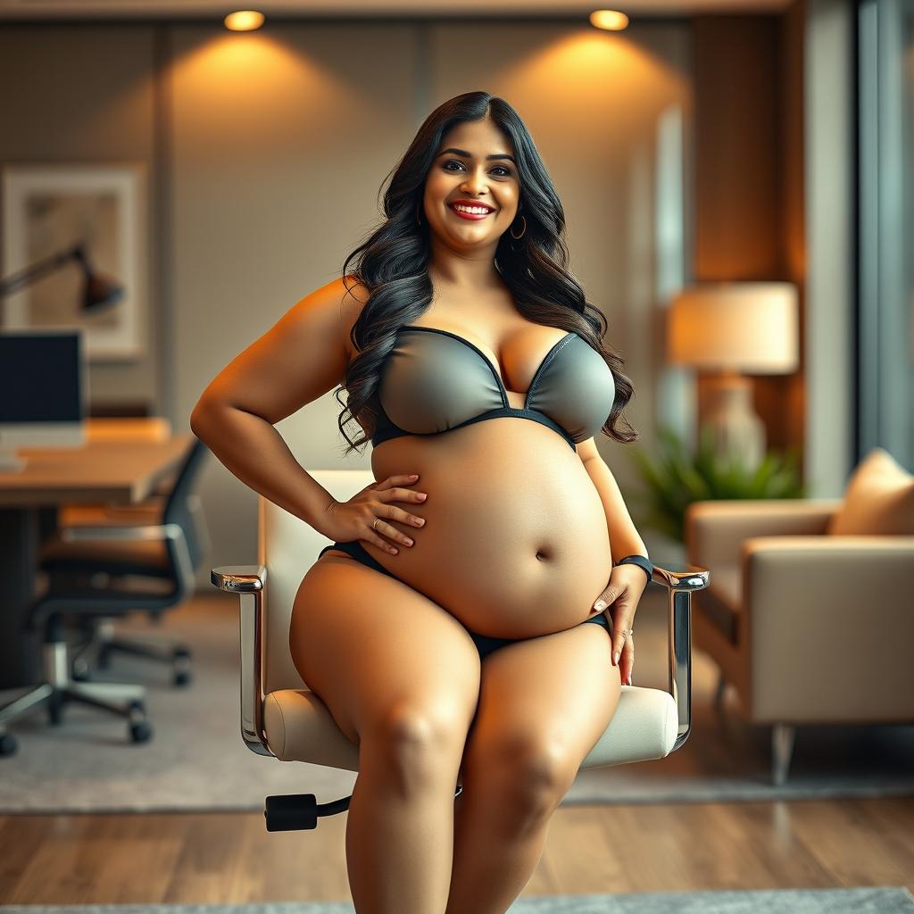 A woman resembling Shruti Haasan, confidently seated on a modern office chair, wearing a chic bikini that accentuates her big belly and large breasts