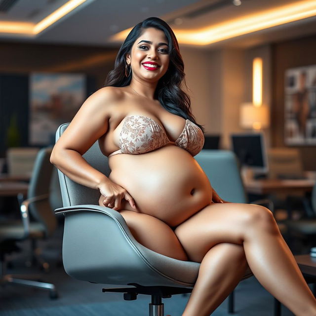 A woman resembling Shruti Haasan, confidently seated on a modern office chair, wearing a chic bikini that accentuates her big belly and large breasts