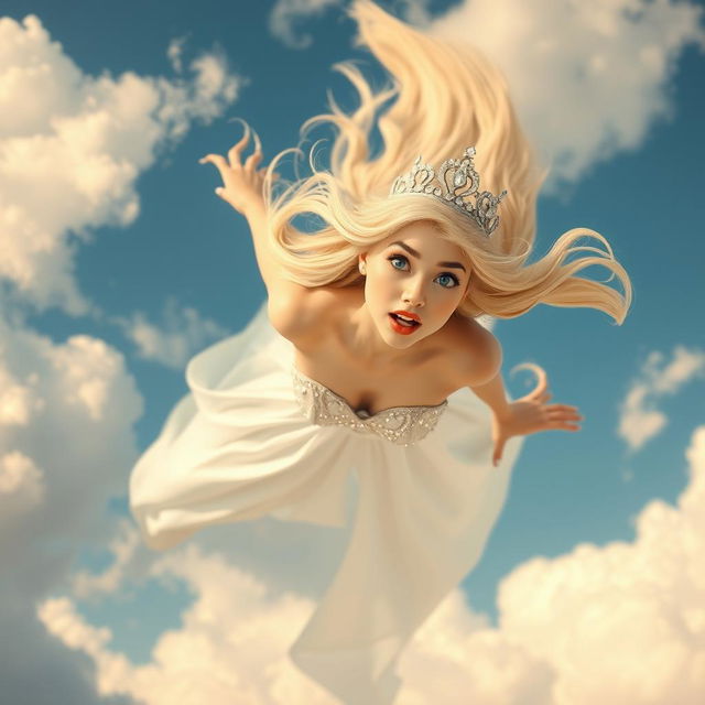 A beautiful blonde princess with a sparkling tiara, enchanting blue eyes, and bold red lips is gracefully falling from the sky