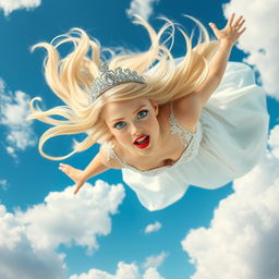 A beautiful blonde princess with a sparkling tiara, enchanting blue eyes, and bold red lips is gracefully falling from the sky