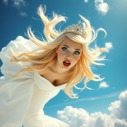 A beautiful blonde princess with a sparkling tiara, enchanting blue eyes, and bold red lips is gracefully falling from the sky