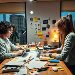 A creative workspace showcasing a UI/UX designer and a product designer collaborating on a project