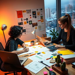 A creative workspace showcasing a UI/UX designer and a product designer collaborating on a project
