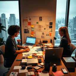 A creative workspace showcasing a UI/UX designer and a product designer collaborating on a project