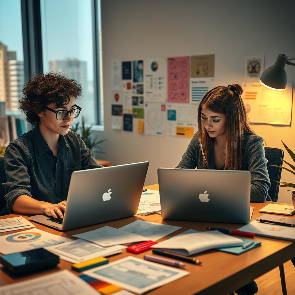 A creative workspace showcasing a UI/UX designer and a product designer collaborating on a project