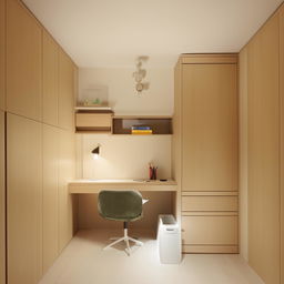 Generate a design for a 10.65 square meter room containing a desk, bed, cupboard, and a wall-mounted TV.