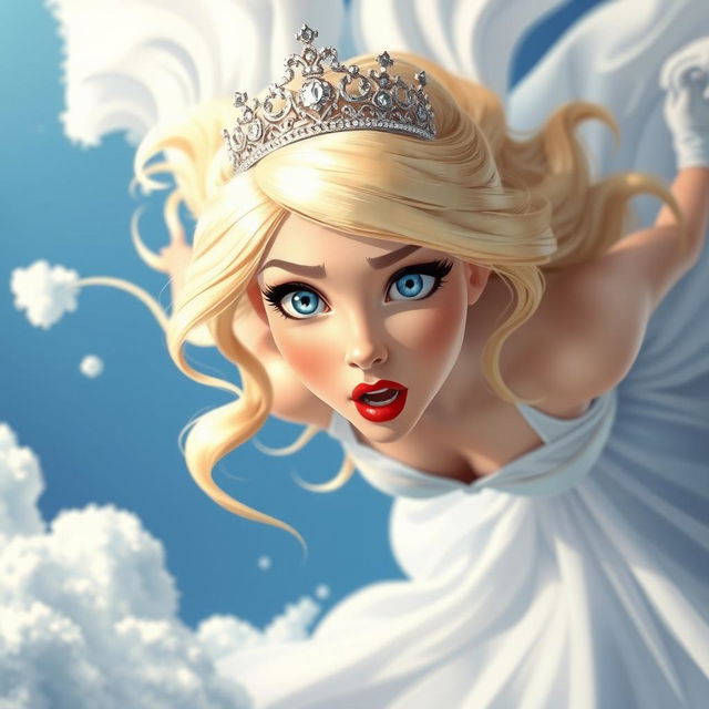 A beautiful blonde princess with striking blue eyes and vibrant red lips, wearing a sparkling tiara, is depicted falling gracefully from the sky